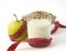 Green Apple, Kefir and Oatmeal with Measuring tape on white background