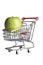 A green apple in a miniature shopping cart.