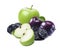Green apple, purple fresh and dried plums isolated on white back