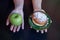 green apple and sugar donut in the hands, the dilemma of what to choose, the concept of healthy eating and lifestyle, the problem