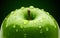 Green apple with water drops on green background. Organic Fresh Granny smith apple. Healthy fruit food