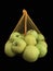 Green apples in a grid isolated on black. Ripe fruits in a string bag. Apple variety