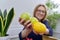 Green apples and lemon in hands of woman nutritionist, healthy eating