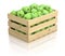 Green apples in the wooden crate