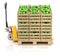 Green apples in wooden crates and pallet jack