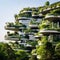 Green architecture. Sustainable glass office building with solar panels and vertical garden. Modern contemporary office building