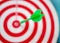 Green arrow strikes center of goal on blurred background - Successful business goal idea