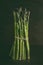 Green asparagus bunch standing on table at dark wall background. seasonal vegetables.