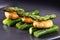 Green asparagus with a tiger prawn, festive appetizer or buffet