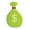 Green auction money bag icon, cartoon style