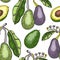 Green avocado background design. Flat fruit branches, flowers, whole avocado, cut half piece in colors. Seamless healthy food