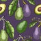 Green avocado background design. Flat fruit branches, flowers, whole avocado, cut half piece in colors. Seamless healthy food