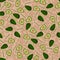 Green avocado halves with leaves on background vector pattern