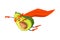 Green Avocado Superhero Character Flying Wearing Red Cloak or Cape and Mask as Justice Fighter Vector Illustration