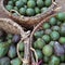 Green avocados in baskets at the market place