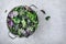 Green baby kale leaves in white colander on gray stone background. Ingredient for healthy  smoothie, salads or pesto sauce