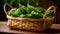 Green baby spinach heap in vintage trug basket