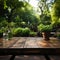 Green backdrop market Vacant wooden table in park invites nature themed product displays