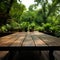 Green backdrop market Vacant wooden table in park invites nature themed product displays