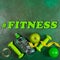 Green background with a hashtag fitness. Dumbbell, apple, water bottle, massage ball and measuring tape