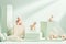 Green background with some children\\\'s toys and empty pedestals, use as mockup and display of your product