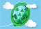 Green balloon and white cloud on blue sky background with landscape of paper art ,nature conservation and energy concept, vector