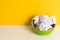 Green bamboo plate and crumpled paper balls on a yellow background and wooden white table. Timing and thinking idea concept. Tima