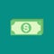 Green bank notes with dollar sign. Flat icon isolated on blue. Money pictogram