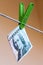 Green banknote 100 swedish crowns in green clothes peg