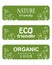 green banners with hand drawn floral elements and text Nature and Eco friendly, Organic product 100%. Vector eco design