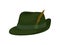 Green Bavarian or Tyrolean hat with feather. Traditional German headwear. Male accessory, part of costume. Flat vector