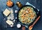 Green bean casserole in a dish, top view