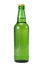Green beer bottle with drops on white background close-up