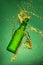Green beer bottle with splashing liquid