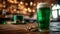 Green beer in Irish pub with St. Patrick's Day decor, green top hat, and gold coins. AI Generated