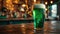 Green beer in Irish pub with St. Patrick's Day decor, green top hat, and gold coins. AI Generated