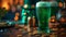 Green beer in Irish pub with St. Patrick's Day decor, green top hat, and gold coins. AI Generated