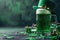 Green beer pint and leprechaun hat over dark green background, decorated with shamrock leaves