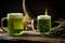 Green beers on a wooden table, in the back of the original oak barrel and wheat cob. This beer is traditionally served on St. Patr