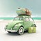 Green beetle car with luggage ready for summer holidays