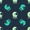 Green and beige Astronaut helmet icon isolated seamless pattern on blue background. Vector