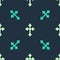 Green and beige Christian cross icon isolated seamless pattern on blue background. Church cross. Vector