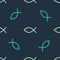 Green and beige Christian fish symbol icon isolated seamless pattern on blue background. Jesus fish symbol. Vector