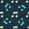 Green and beige Music note, tone icon isolated seamless pattern on blue background. Vector