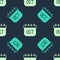 Green and beige October calendar autumn icon isolated seamless pattern on blue background. Vector