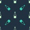 Green and beige Plastic beer bottle icon isolated seamless pattern on blue background. Vector