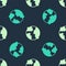 Green and beige Worldwide icon isolated seamless pattern on blue background. Pin on globe. Vector