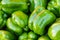 Green bell peppers on display at the market