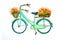 Green bicycle with flowers in basket