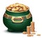 Green big cauldron full of gold coin. Pot symbol holiday patrick day